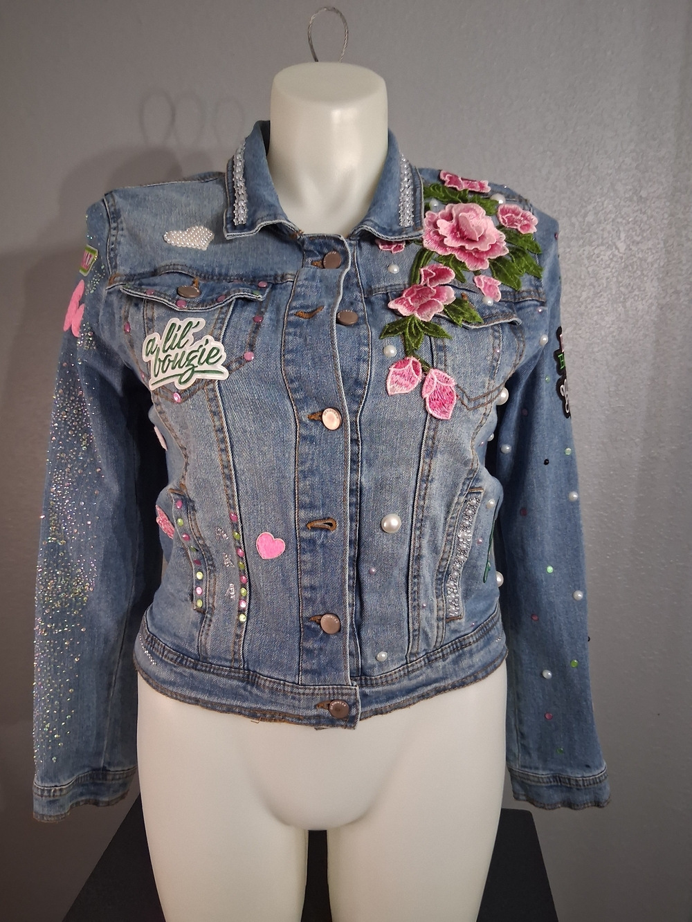 AKA Inspired Blue Denim Jacket with Pink Floral Appliqué